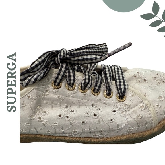 Superga White Eyelet Espadrille Platform Sneakers | Gingham Laces | Size 10 - Picture 7 of 9